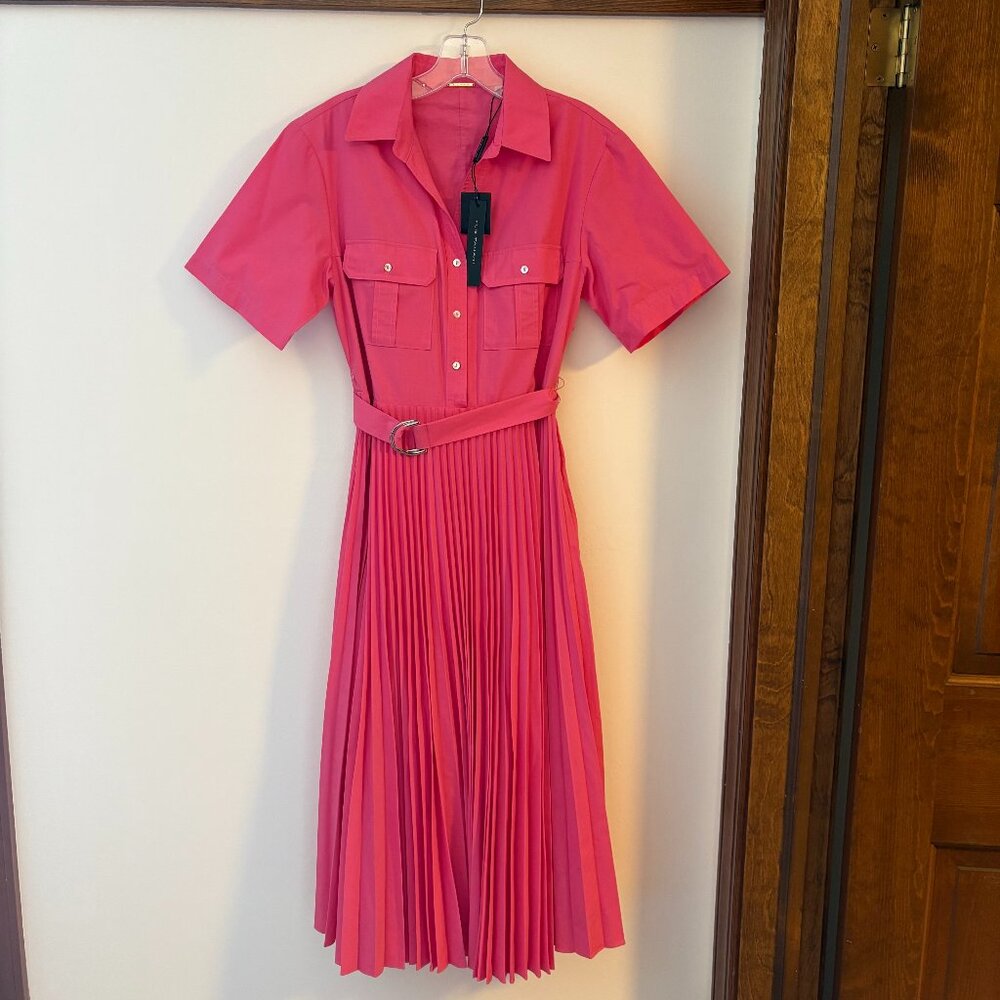 Elie Tahari Pink Punch Belted Pleated Midi Shirt Dress NWT Size 6